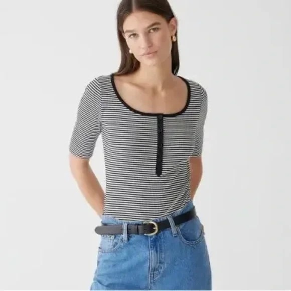 Nwt J Crew Vintage Rib Henley Scoop T-Shirt Tee Top Striped Contrast S Xs Bt683